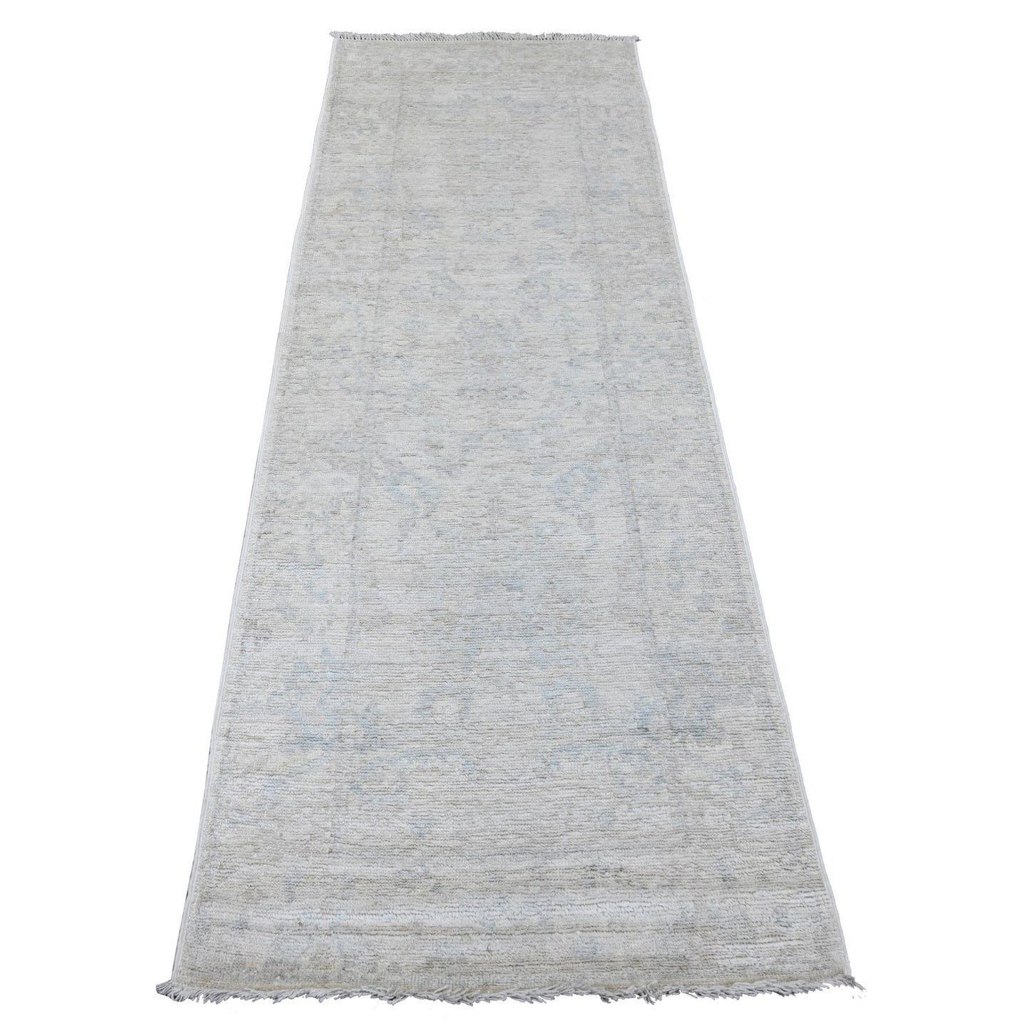 2'8"X7'10" White Hand Knotted Afghan Angora Oushak Pure Wool Runner Rug