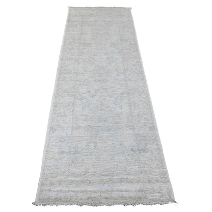 2'8"X7'10" White Hand Knotted Afghan Angora Oushak Pure Wool Runner Rug