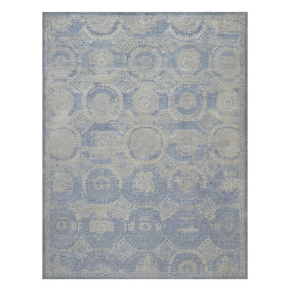 9'X11'9" Ivory-Blue Pure Natural Linen Mamluk Design Hand Knotted Rug