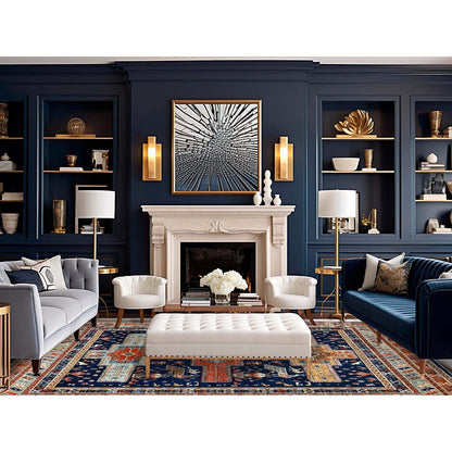 8'X7'10" Blue Armenian Inspired Caucasian Design Square Oriental Rug