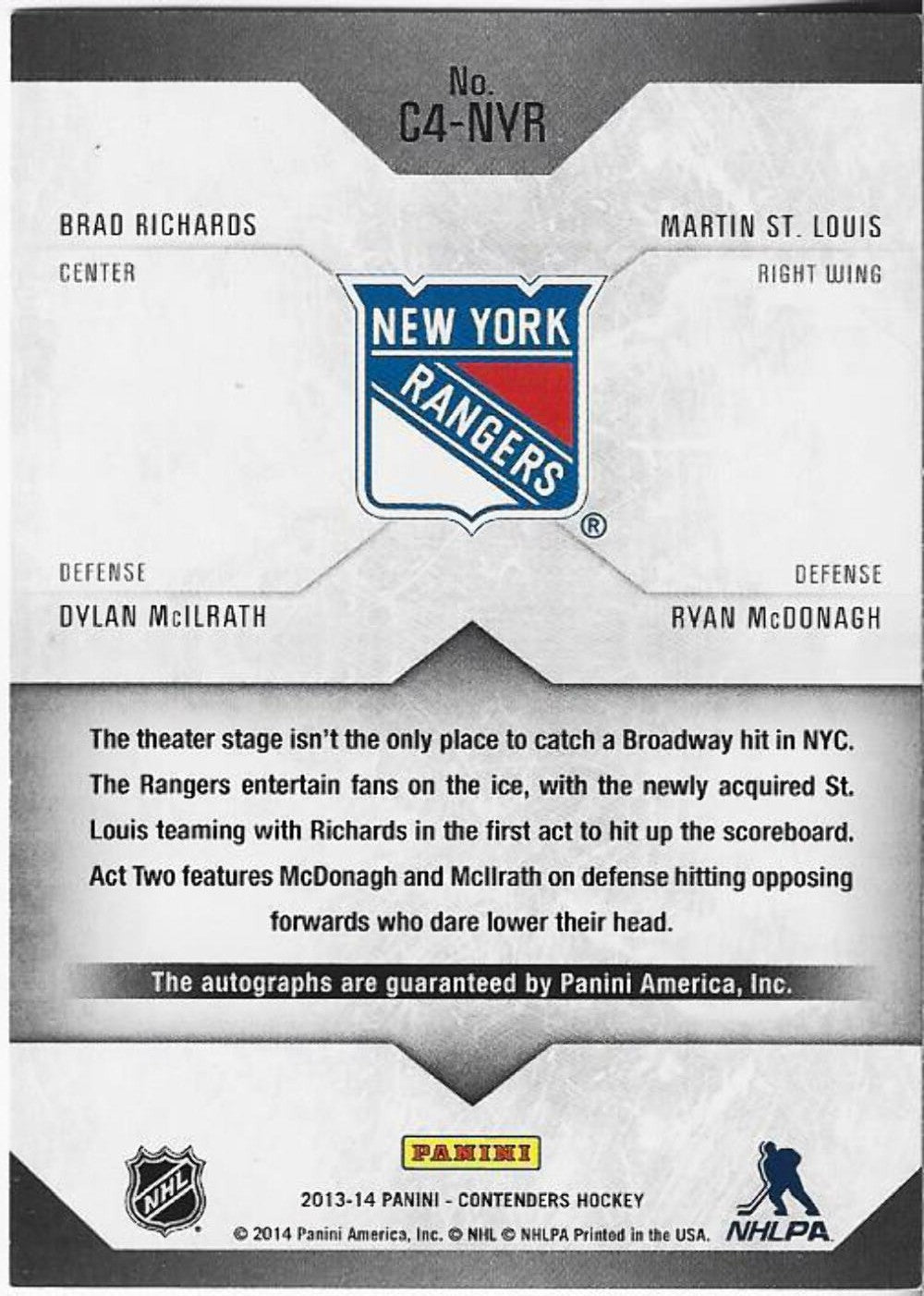 Brad Richards, Martin St Louis, Dylan Mcilrath, And Ryan Mcdonagh 2013 Panini Co