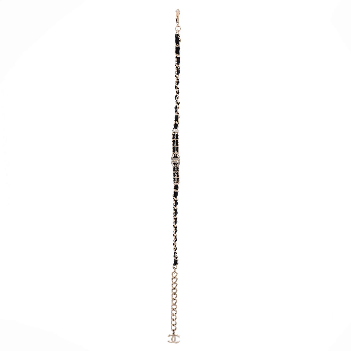 Chanel Crystal Cc Double Chain Choker Necklace Metal With Crystal And Leather