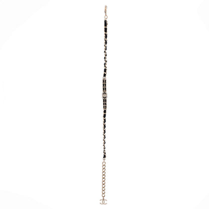 Chanel Crystal Cc Double Chain Choker Necklace Metal With Crystal And Leather