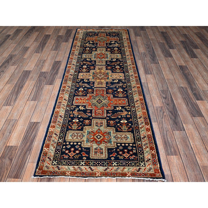 2'7"X8' Sailor Blue Caucasian Design Hand Knotted Soft Wool Runner Rug