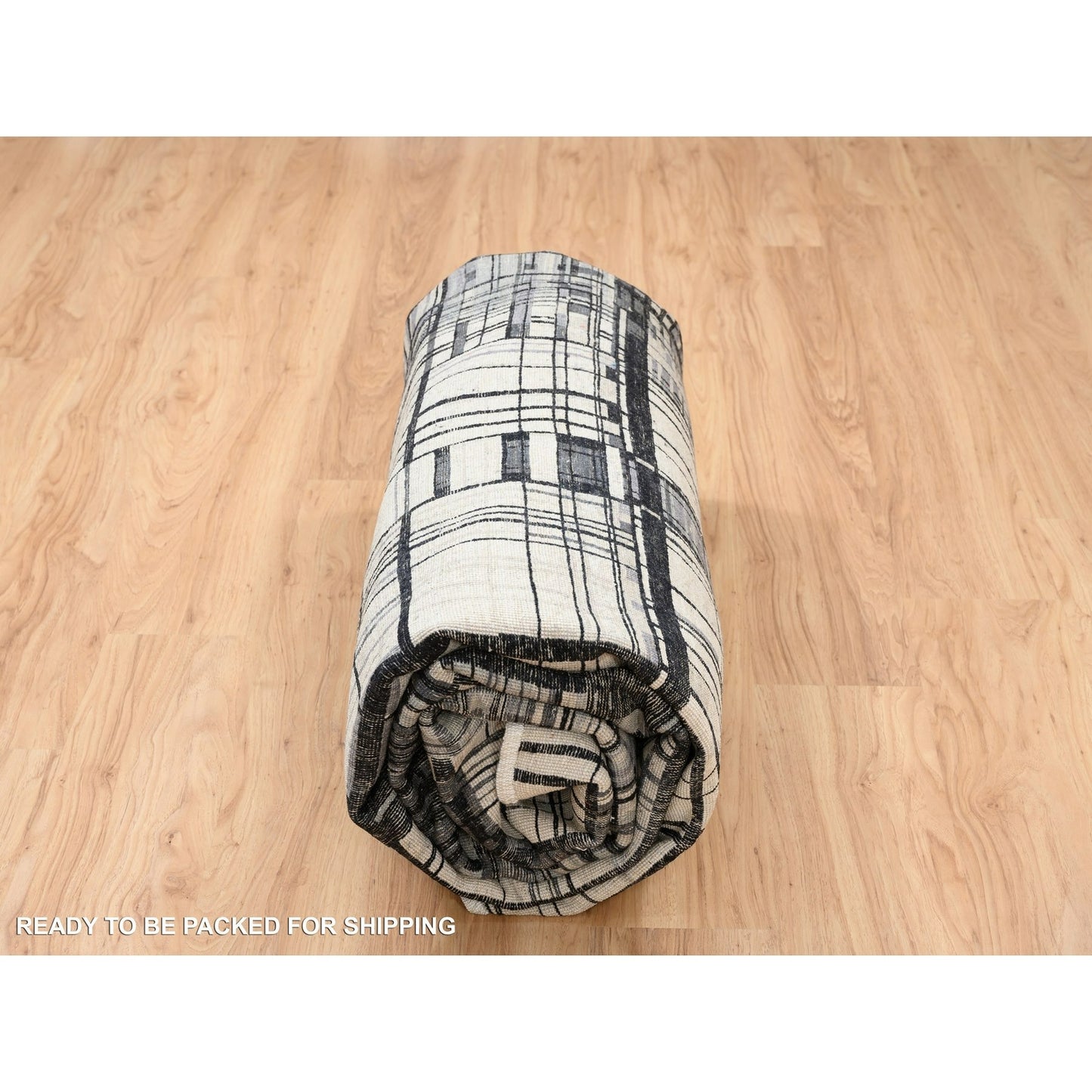 8'2"X9'9" Black Modern Lines Design Ghazni Wool Hand Knotted Rug