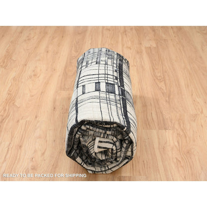 8'2"X9'9" Black Modern Lines Design Ghazni Wool Hand Knotted Rug
