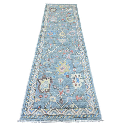 2'9"X9'9" Blue Anatolian Village Inspired Hand Knotted Wool Runner Rug