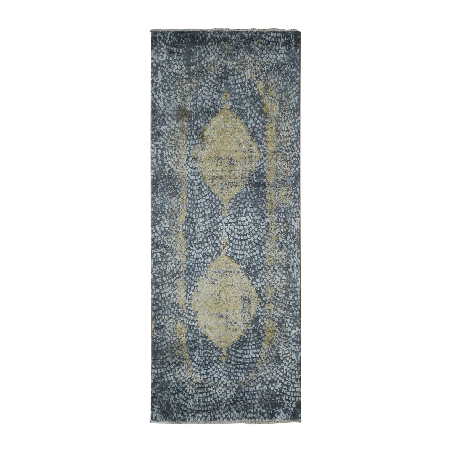 3'X8' Gray Zoroastrian Design Wool And Silk Hand Knotted Wide Runner Rug