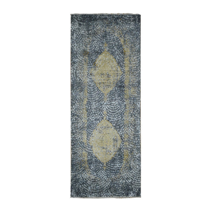 3'X8' Gray Zoroastrian Design Wool And Silk Hand Knotted Wide Runner Rug