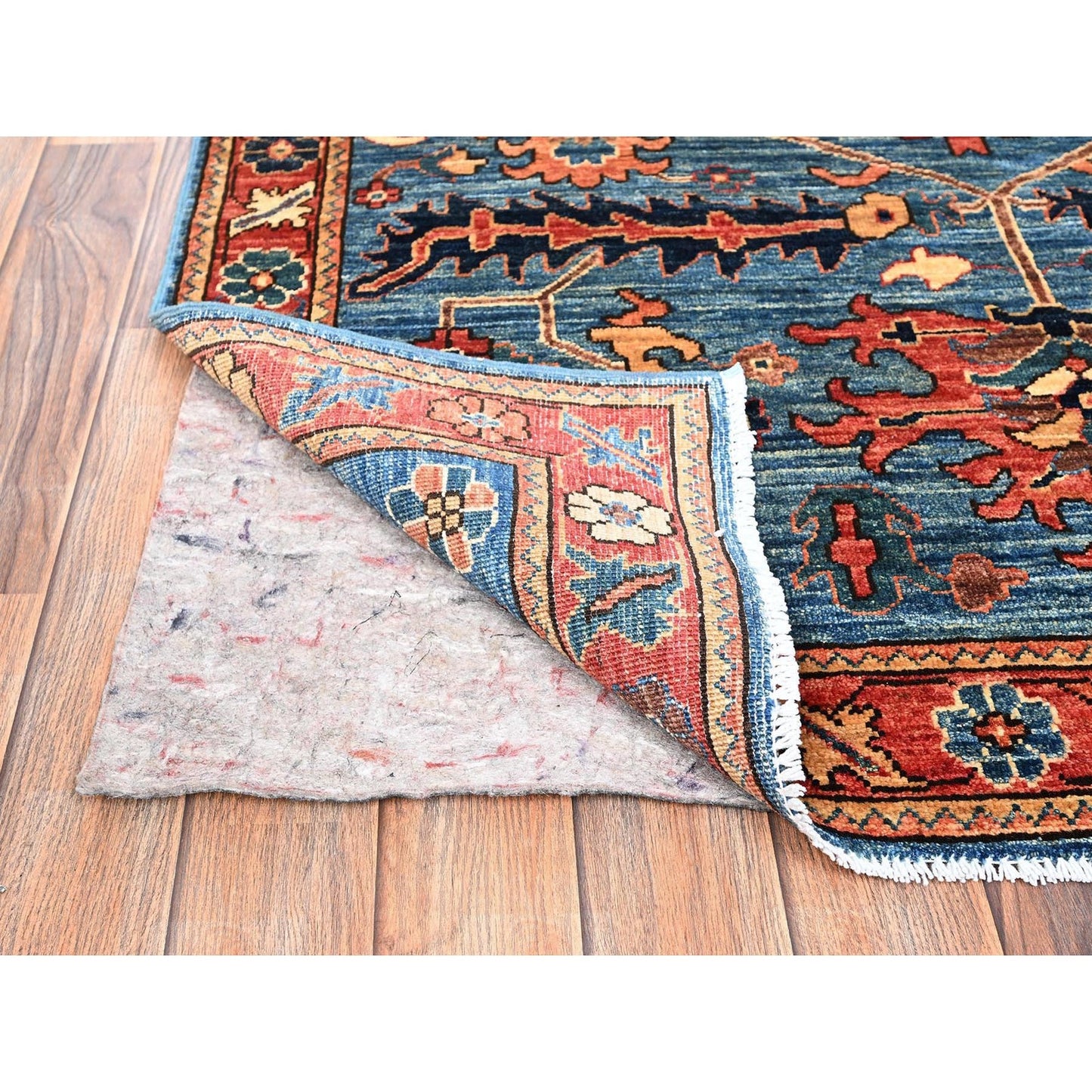 4'2"X9'7" Blue Heris All Over Design Hand Knotted Pure Wool Wide Runner Rug