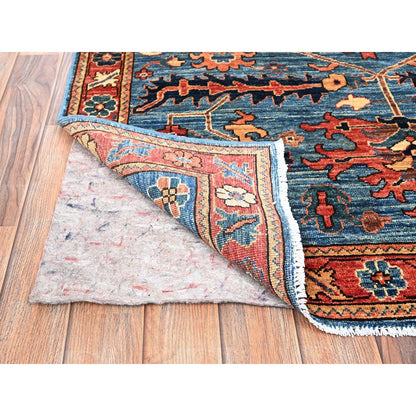 4'2"X9'7" Blue Heris All Over Design Hand Knotted Pure Wool Wide Runner Rug