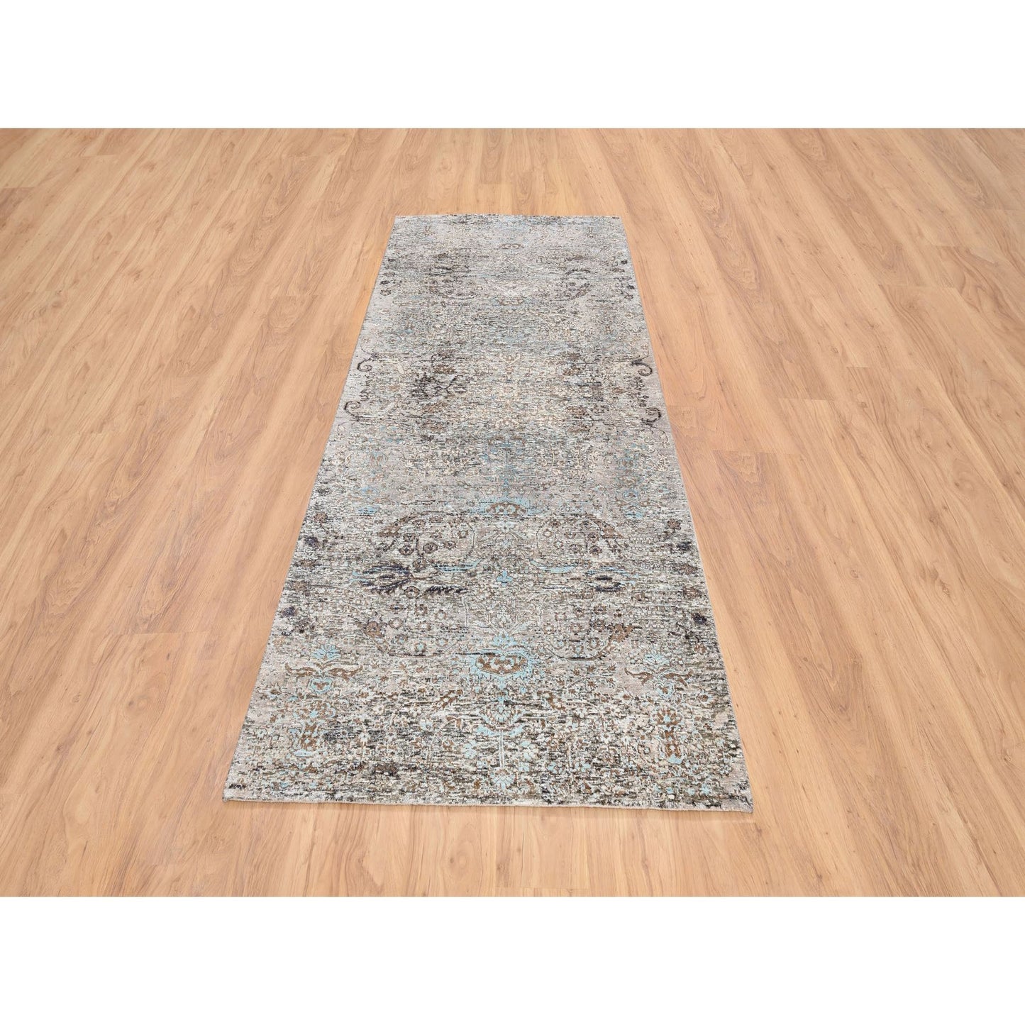 4'X10' Gray Transitional Farsian Silk/Wool Hand Knotted Wide Runner Rug