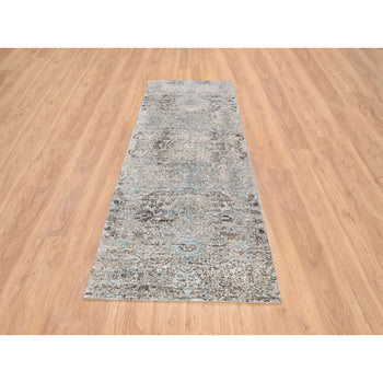 4'X10' Gray Transitional Farsian Silk/Wool Hand Knotted Wide Runner Rug