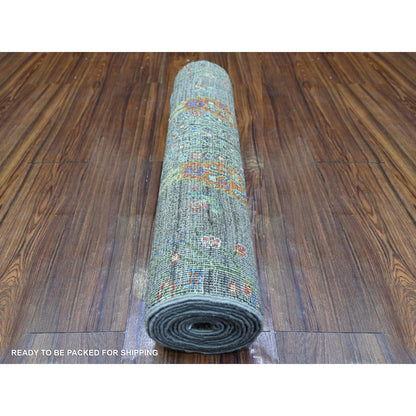 2'5"X11'2" Gray Wool Hand Knotted Folk Art Willow Cypress Tree Runner Rug