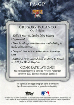 Gregory Polanco Autographed 2013 Bowman Inception Card