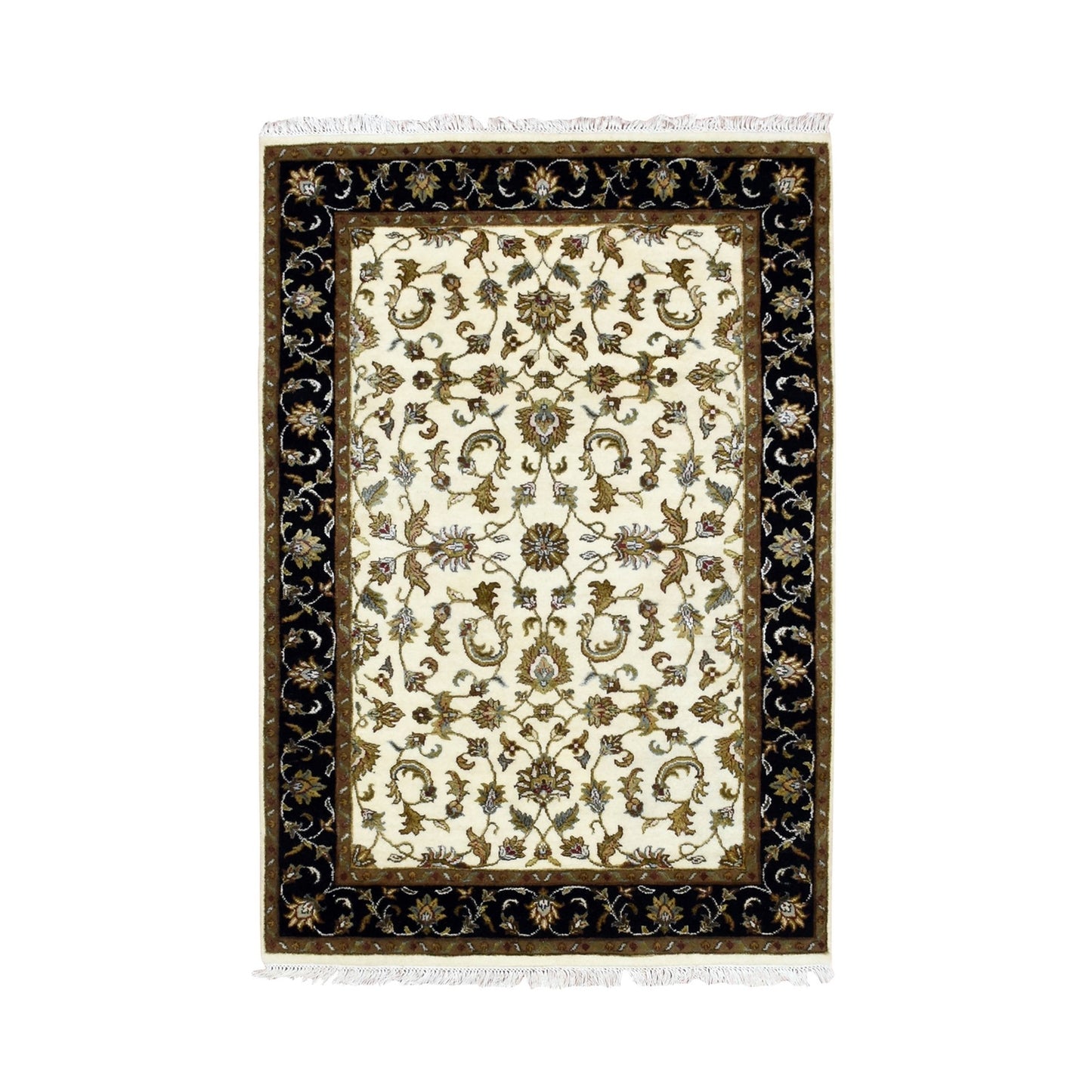 4'1"X6' Ivory, Hand Knotted, Rajasthan, Wool And Silk, Oriental, Rug