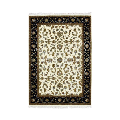 4'1"X6' Ivory, Hand Knotted, Rajasthan, Wool And Silk, Oriental, Rug