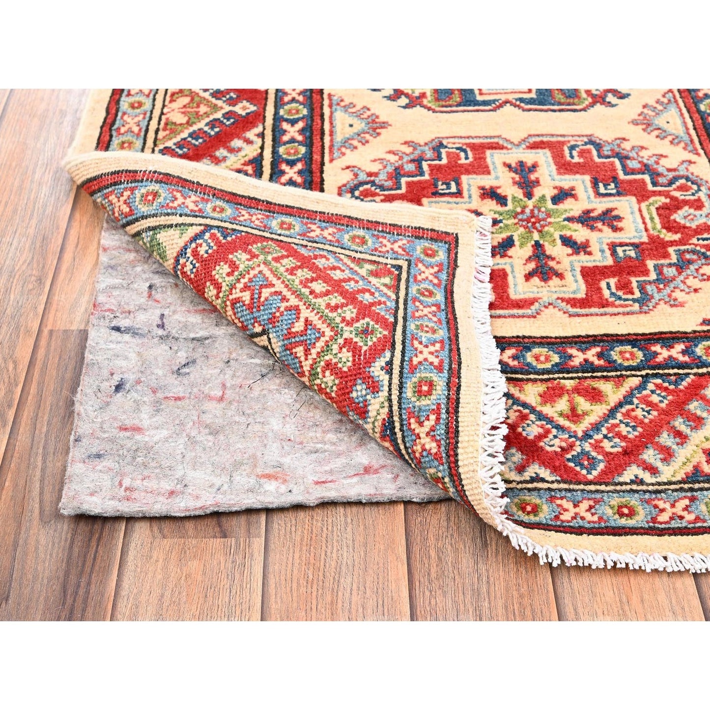 2'9"X15'4" Ivory Hand Knotted Rug Kazak With Geometric Design Wool Runner