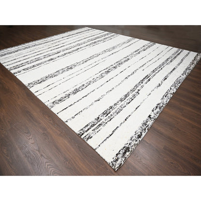 12'2"X14'9" Ivory Striae Design Wool Hand Knotted Oversized Oriental Rug
