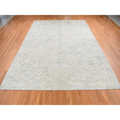 9'10"X14' Ivory Pure Silk With Wool Fluffy Collection Hand Knotted Rug