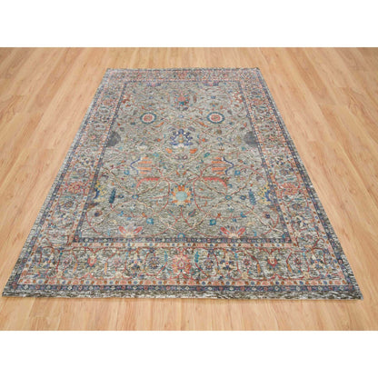 8'X10'1" Taupe Hand Knotted Striae Pattern Silk Textured Wool Rug
