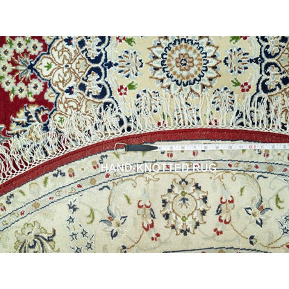 7'X7' Portia Red Hand Knotted Nain 250 Kpsi All Wool Oriental Round Rug