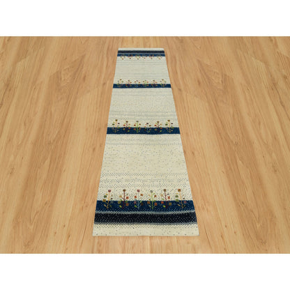 2'7"x9'6" Retro White Lori Buft Gabbeh Tree Design 100% Wool Runner Rug