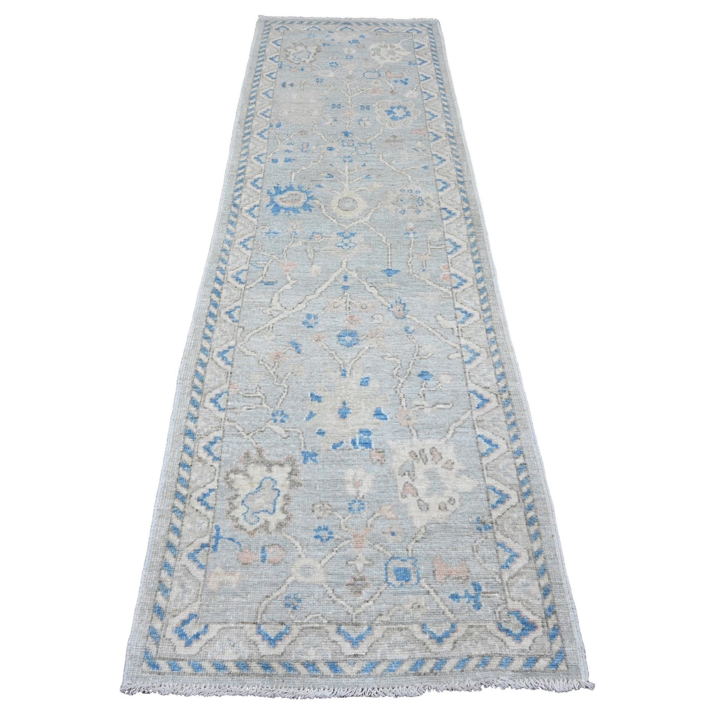 2'9"X9'7" Gray Hand Knotted Angora Oushak Vines Design Wool Runner Rug