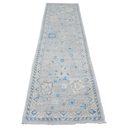 2'9"X9'7" Gray Hand Knotted Angora Oushak Vines Design Wool Runner Rug