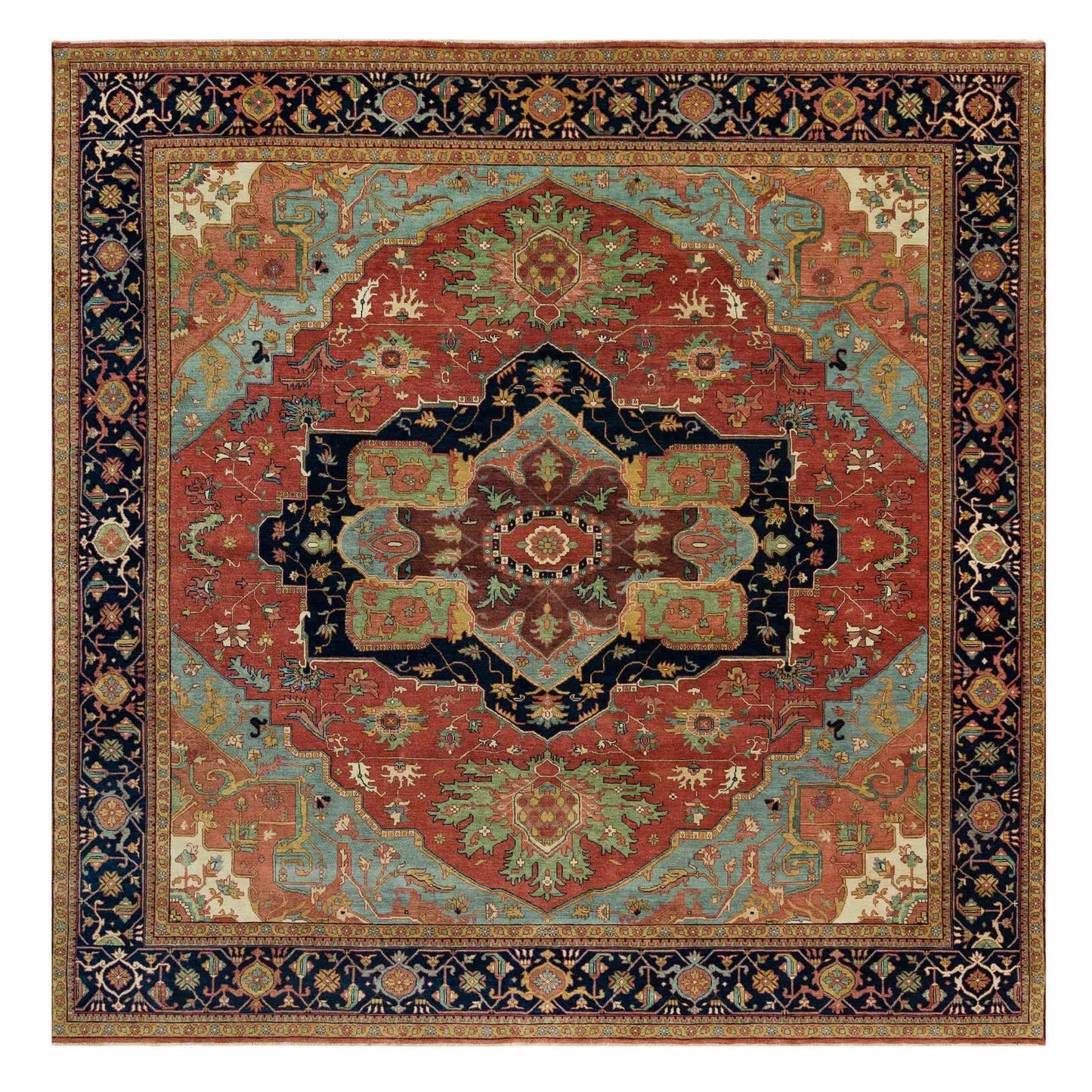 10'X10' Fire Brick Red Wool Antiqued Fine Heris Hand Knotted Square Rug