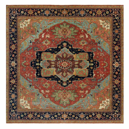 10'X10' Fire Brick Red Wool Antiqued Fine Heris Hand Knotted Square Rug
