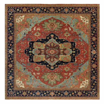 10'X10' Fire Brick Red Wool Antiqued Fine Heris Hand Knotted Square Rug