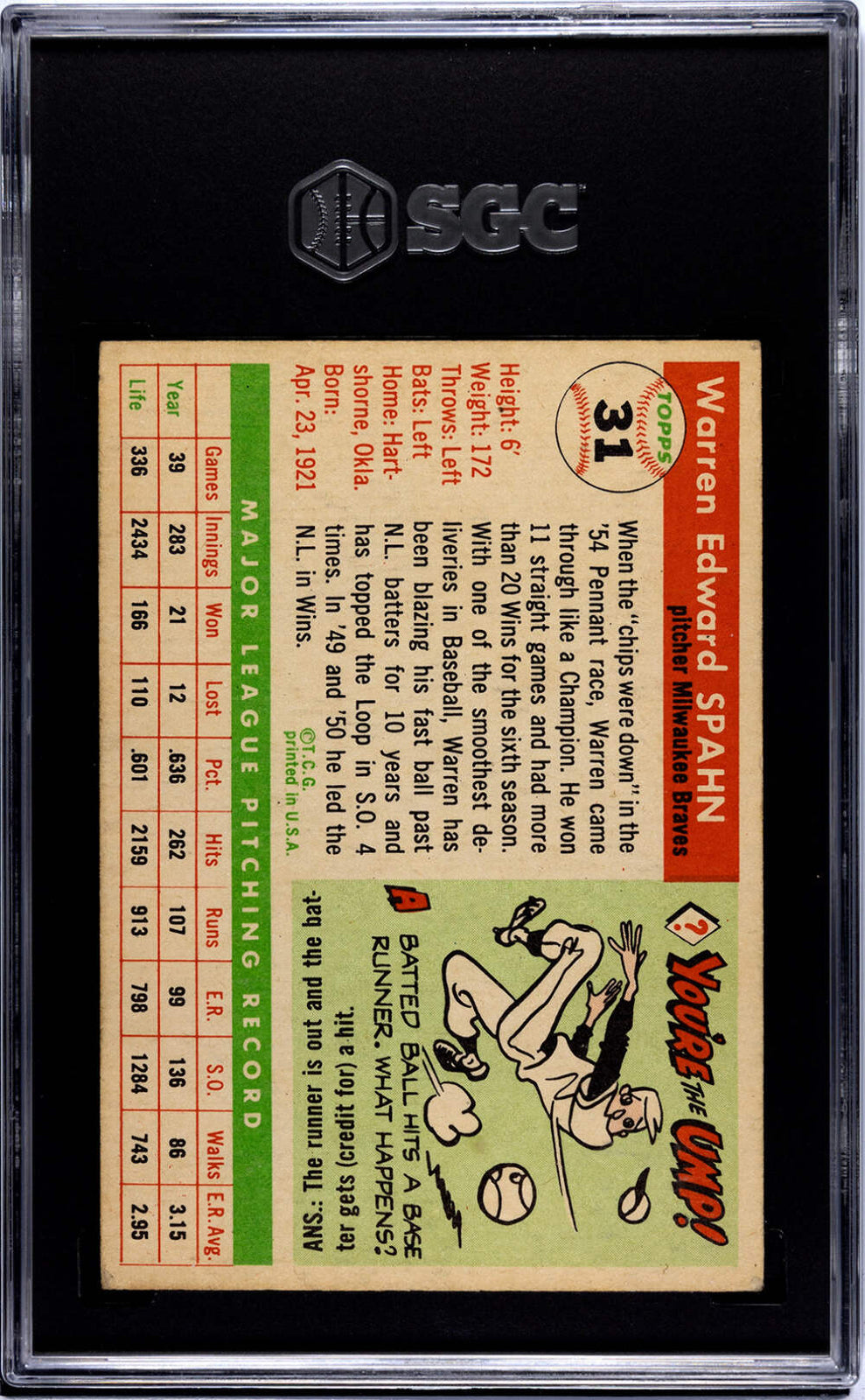 Warren Spahn 1955 Topps Card #31 Sgc 4.5