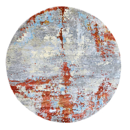 8'X8' Orange Abstract Mosaic Design Wool And Silk Hand Knotted Round Rug