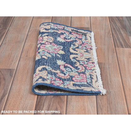 1'6"X1'6" Blue Hand Knotted Vintage Farsian Karman Worn Wool Square Rug