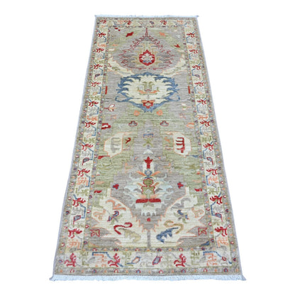 2'7"X6' Oyster Gray Heris With Dragon Design Wool Hand Knotted Runner Rug