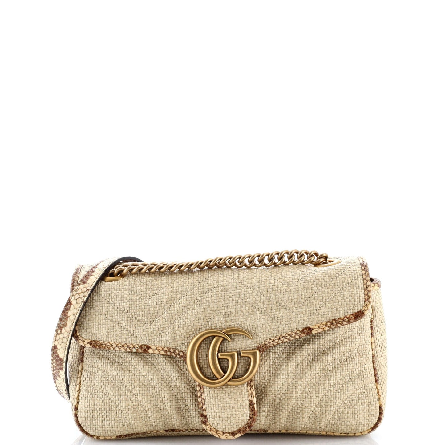 Gucci Gg Marmont Flap Bag Matelasse Raffia With Snakeskin Small