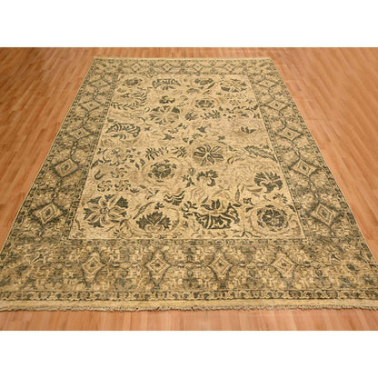7'10"X9'9" Brown Leaf Design Natural Wool Hand Knotted Zero Pile Rug