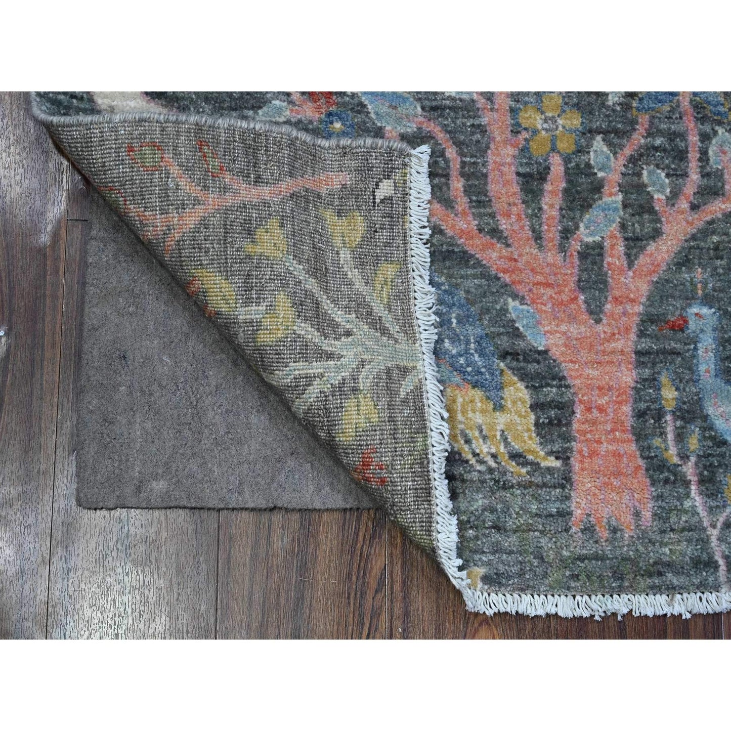 2'6"X6'2" Gray Hand Knotted Soft Wool Birds Paradise Peshawar Runner Rug