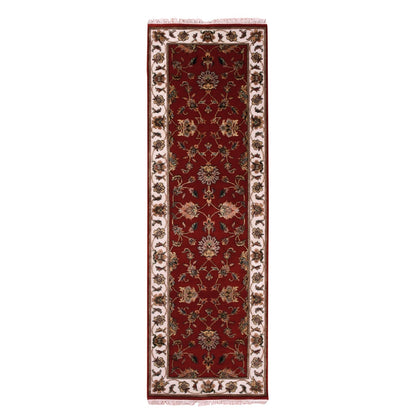 2'6"x8'2" Red Wool and Silk Hand Knotted Rajasthan Design Runner Rug