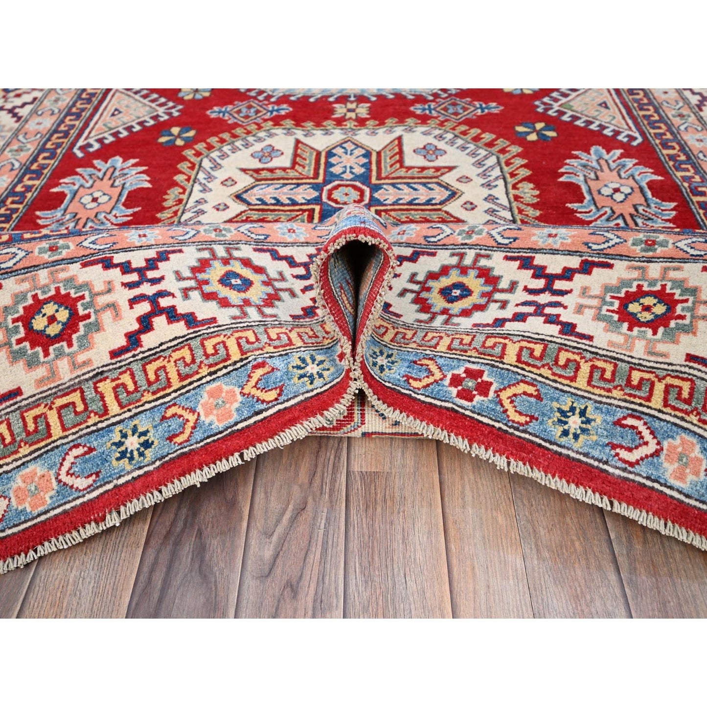 6'X8'9" Toreador Red Hand Knotted Wool Kazak Large Elements Oriental Rug