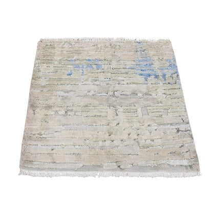 2'X2' Bone White Sample Modern Silk With Wool Hand Knotted Square Rug