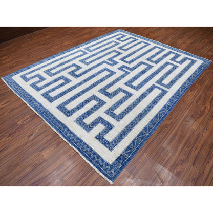 7'10"X9'9" Blue Wool Maze Design With Berber Influence Hand Knotted Rug