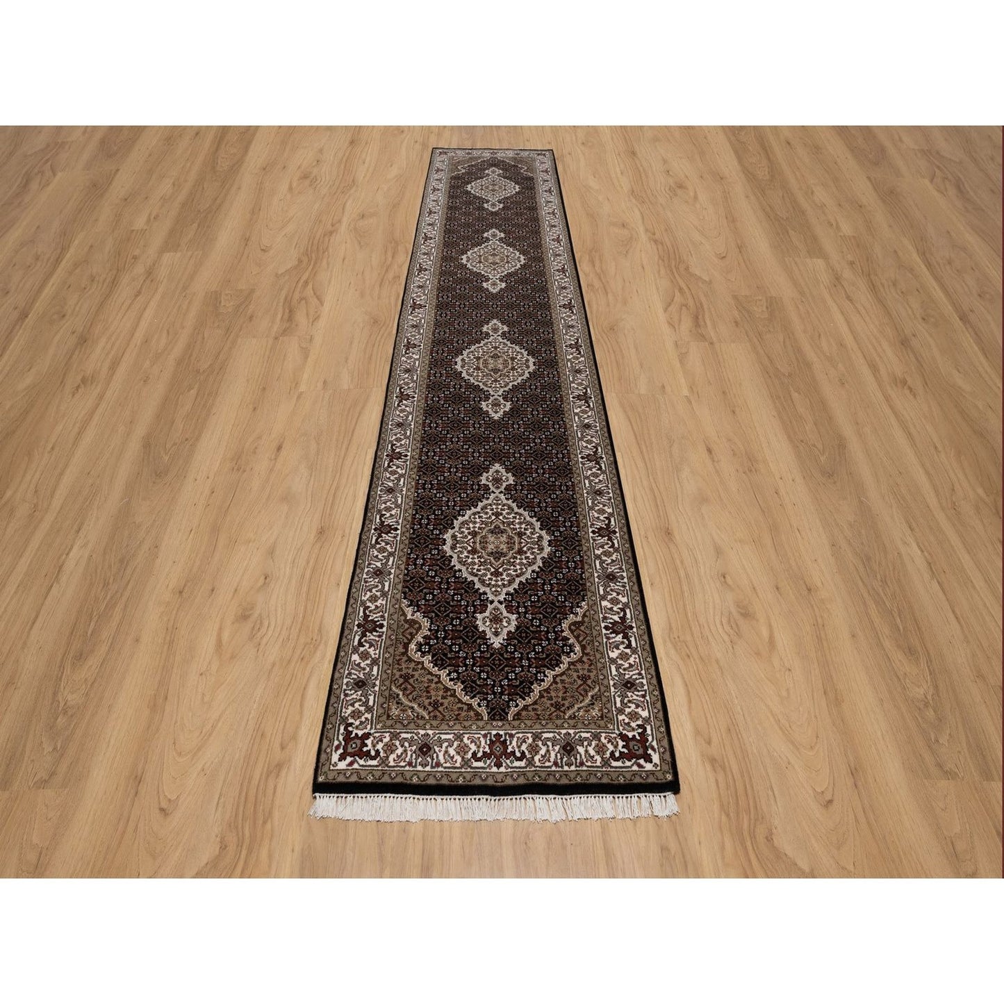 2'10"X14' Black Tebraz Mahi Medallion Design Wool Hand Knotted Runner Rug