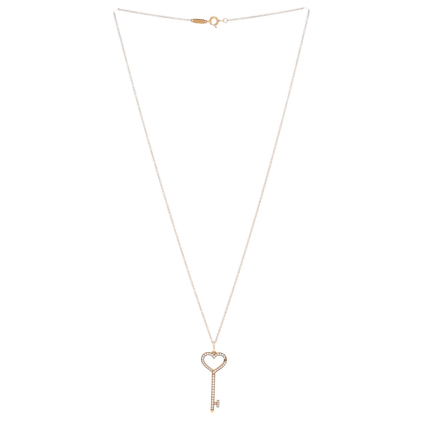 Diamonds Tiffany & Co. Open Heart Key Pendant Necklace 18K Rose Gold with Pave