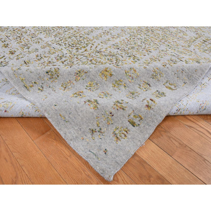 9'10"X14' Silk Gray Broken Mamluk Design Hand Loomed Wool And Silk Rug