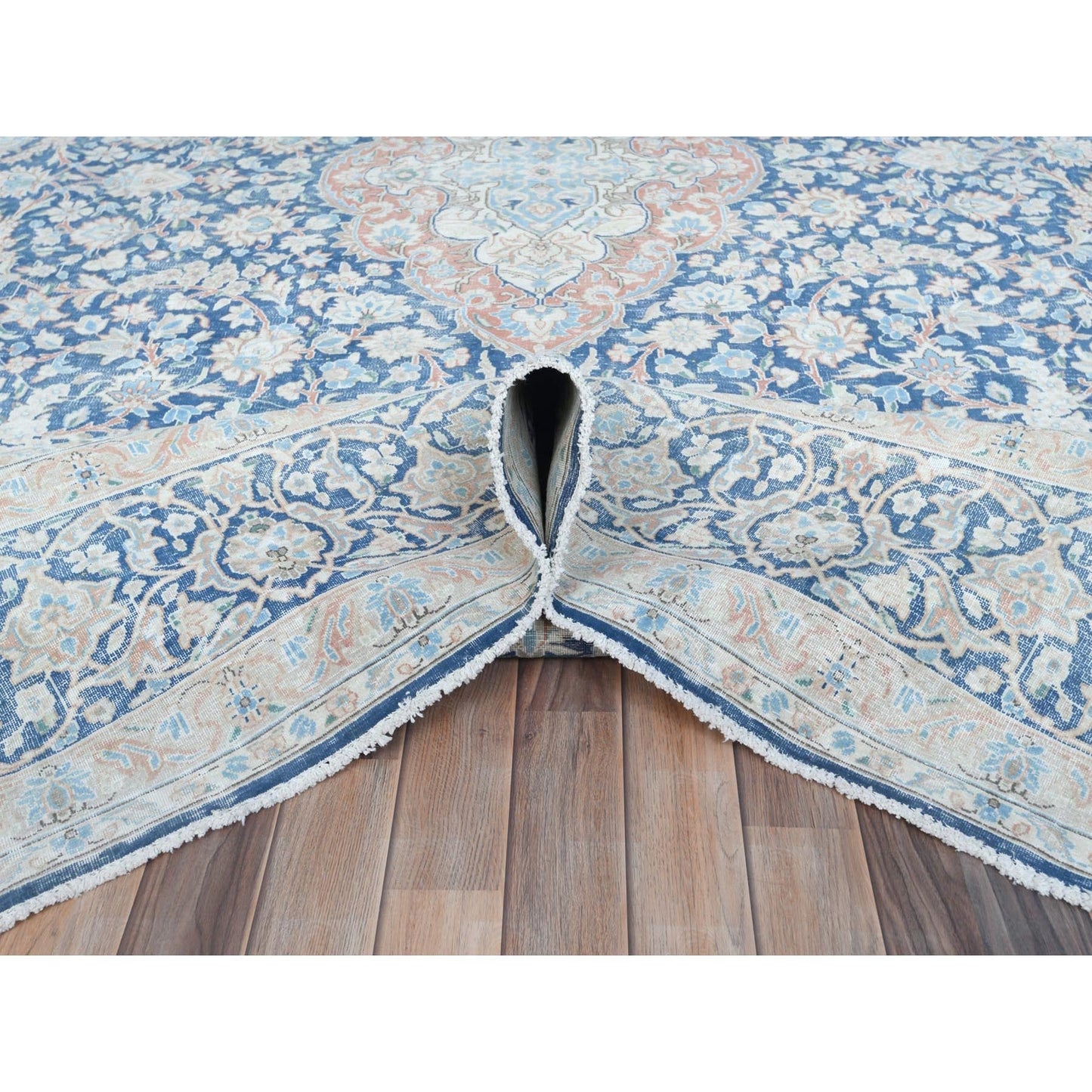 9'9"X12'8" Blue Worn Wool Hand Knotted Distressed Old Farsian Karman Rug