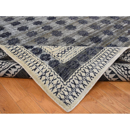 9'X12' Owl Gray Distressed Silk Repetitive Design Hand Knotted Rug