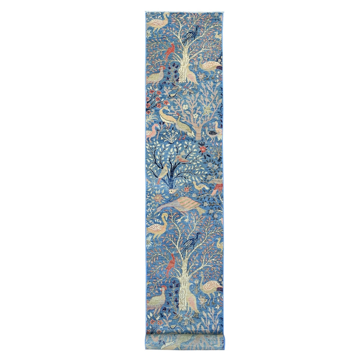 2'9"X23'4" Blue Hand Knotted Peshawar Birds Design Soft Wool Runner Rug