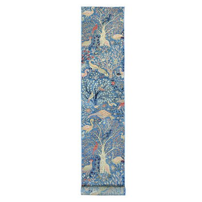 2'9"X23'4" Blue Hand Knotted Peshawar Birds Design Soft Wool Runner Rug
